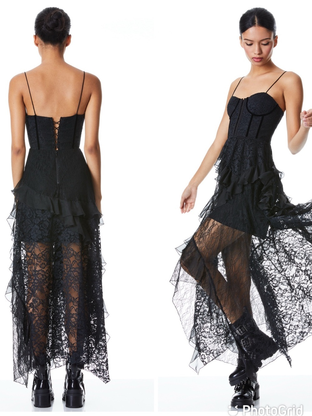 Alice + Olivia JEMMA LACE ASYMMETRICAL CORSET DRESS in Black